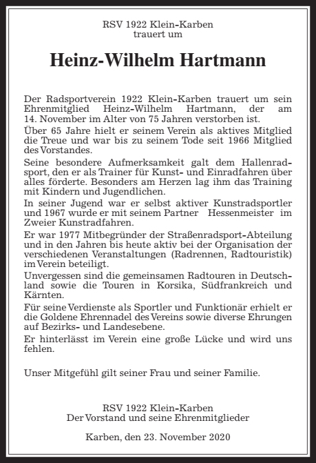 RSV 1922 Klein-Karben trauert um Heinz-Wilhelm Hartmann